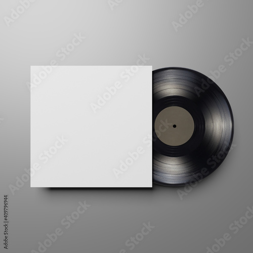 Vinyl record with blank cover on gray background. Mock up template.