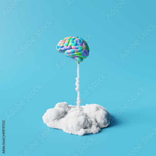 Creative idea, Colorful brain rocket on blue background. Minimal concept. 3d rendering