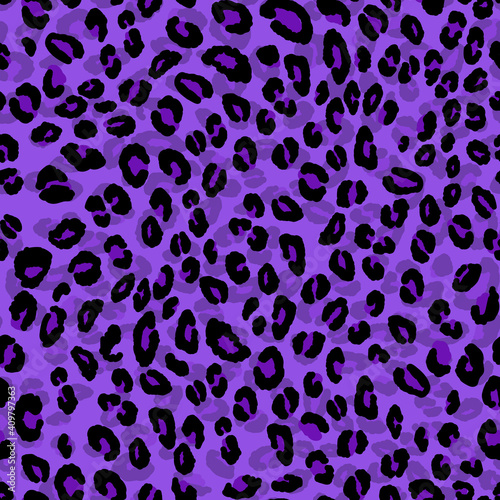 Abstract modern leopard seamless pattern. Animals trendy background. Purple and black decorative vector stock illustration for print, card, postcard, fabric, textile. Modern ornament of stylized skin