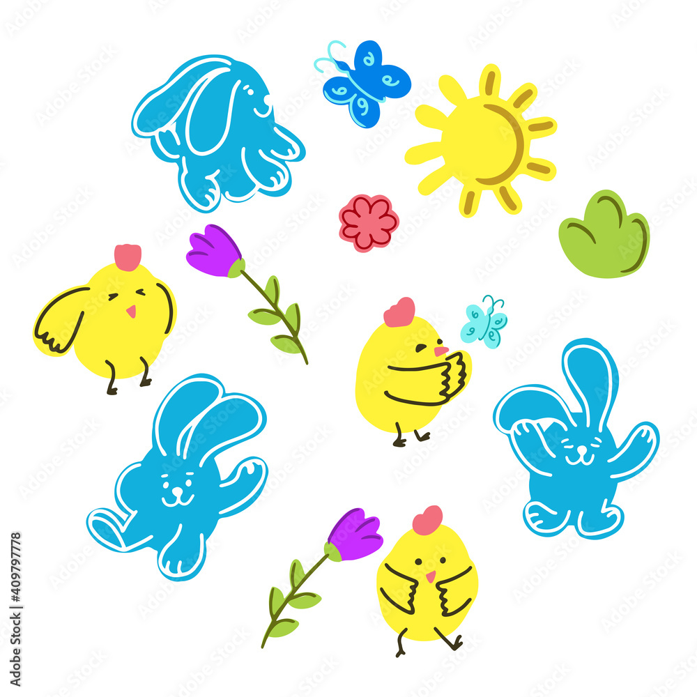 .Easter set - bunnies, chickens, flowers, sun, butterfly. Vector colorful illustration in doodle style. Collection of Easter objects isolated on white background.
