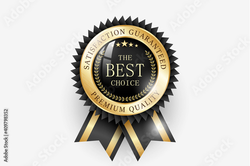 Premium quality / Best choice medal. Realistic golden - black label - badge, best choice with ribbon. Realistic icon isolated on transparent background. Vector illustration EPS10 photo