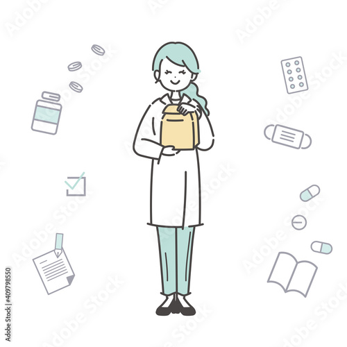女性薬剤師と医薬品アイコンのイラスト