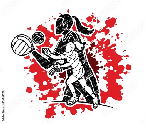 Group of Gaelic Football Women Players Action Cartoon Graphic Vector.