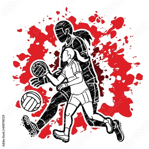 Group of Gaelic Football Women Players Action Cartoon Graphic Vector.