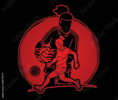 Group of Gaelic Football Women Players Action Cartoon Graphic Vector.