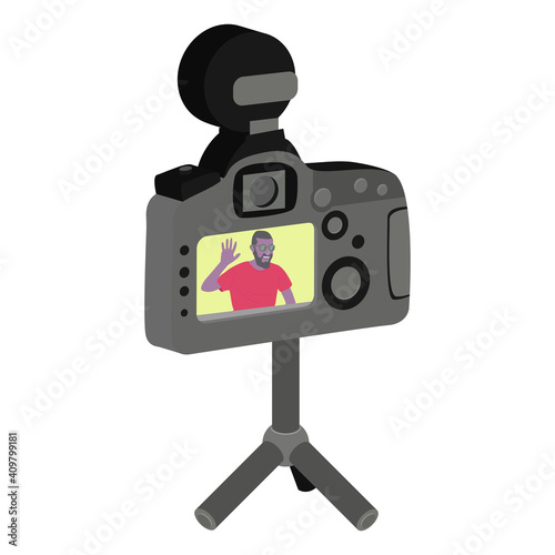 Blogger podcaster streaming. Man writing material to blog, reviewing for online journal or website content, posting short video to vlog, recording program.