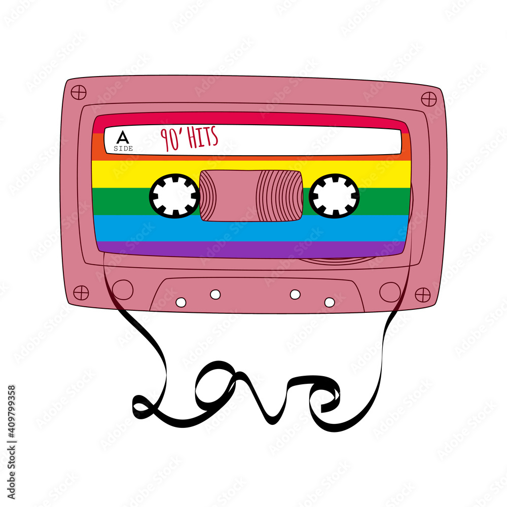 Red Retro Tape Cassette Vintage Audio Mixtape In Doodle Style Isolated On A White Background