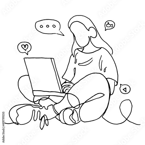 Woman sitting with computer laptop. Blogger making video for blog or vlog review. Influencer. Cute girl video blogger.