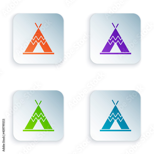 Color Traditional indian teepee or wigwam icon isolated on white background. Indian tent. Set colorful icons in square buttons. Vector.