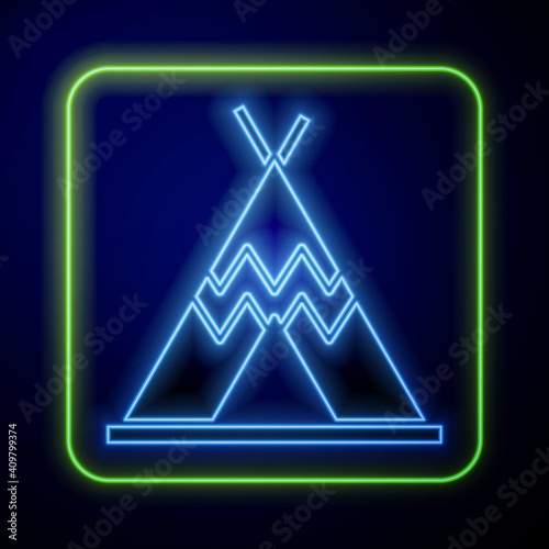 Glowing neon Traditional indian teepee or wigwam icon isolated on blue background. Indian tent. Vector.