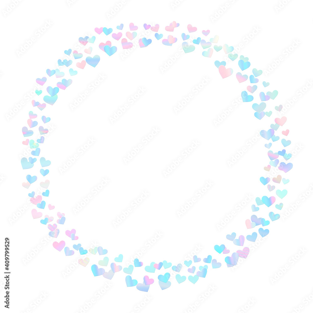 Holographic confetti hearts mix pastel rainbow valentines day circle frame isolated on white background