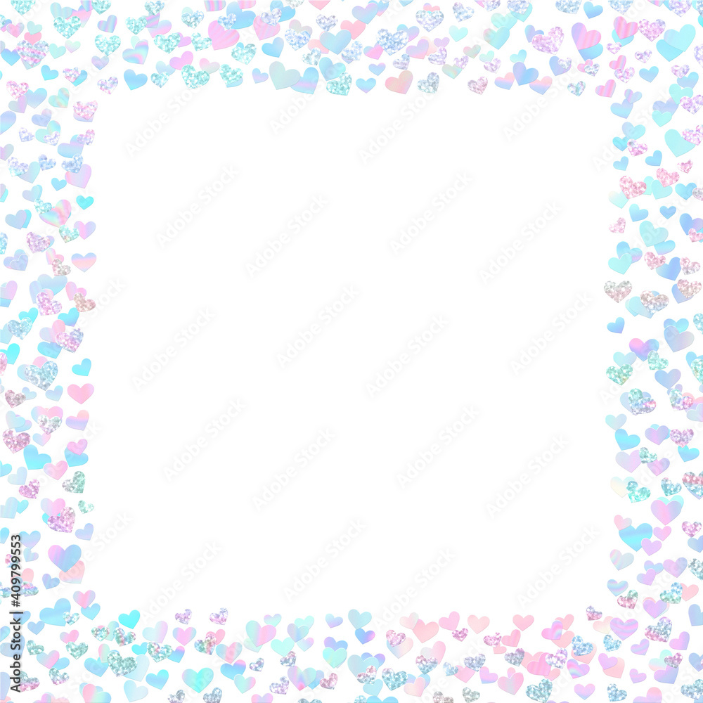 Holographic and glitter confetti hearts mix pastel rainbow valentines day frame isolated on white background