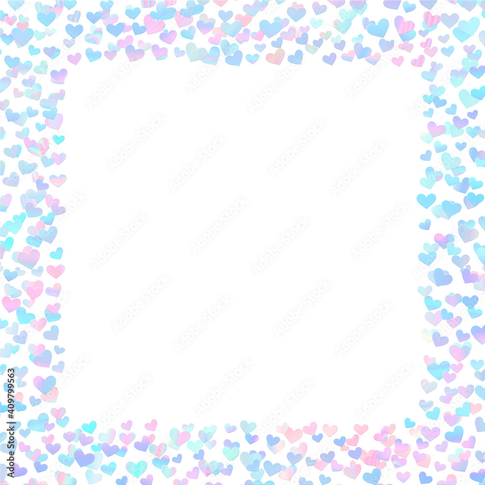 Holographic confetti hearts pastel rainbow valentines day frame isolated on white background
