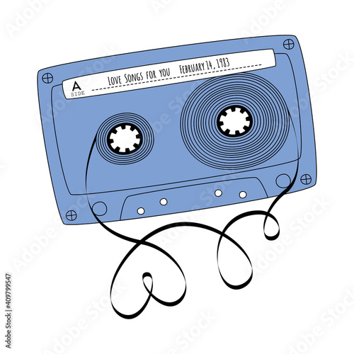 Blue retro tape cassette. Vintage audio mixtape in doodle style isolated on a white background. Vector colored illustration for web banners, advertisements, stickers, labels, t-shirt