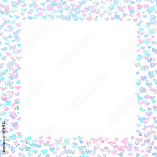 Holographic and glitter confetti hearts mix pastel rainbow valentines day frame isolated on white background © ProjectPixels