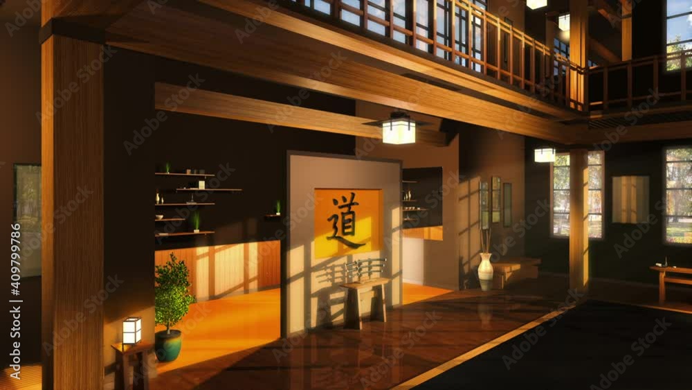 Camera Boom Down in Karate Dojo or School.  3D Illustration of Interior - Shallow Depth of Field.  Kanji Symbol on Wall Translates to 
