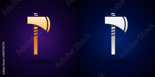 Gold and silver Native american tomahawk axe icon isolated on black background. Vector.