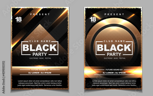 Luxury night dance party music layout cover design template background with elegant black and gold style. Light electro style vector for music event concert disco, club invitation, festival poster