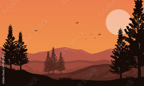 Amazing sunset nature scenery in the afternoon on the river bank. Vector illustration