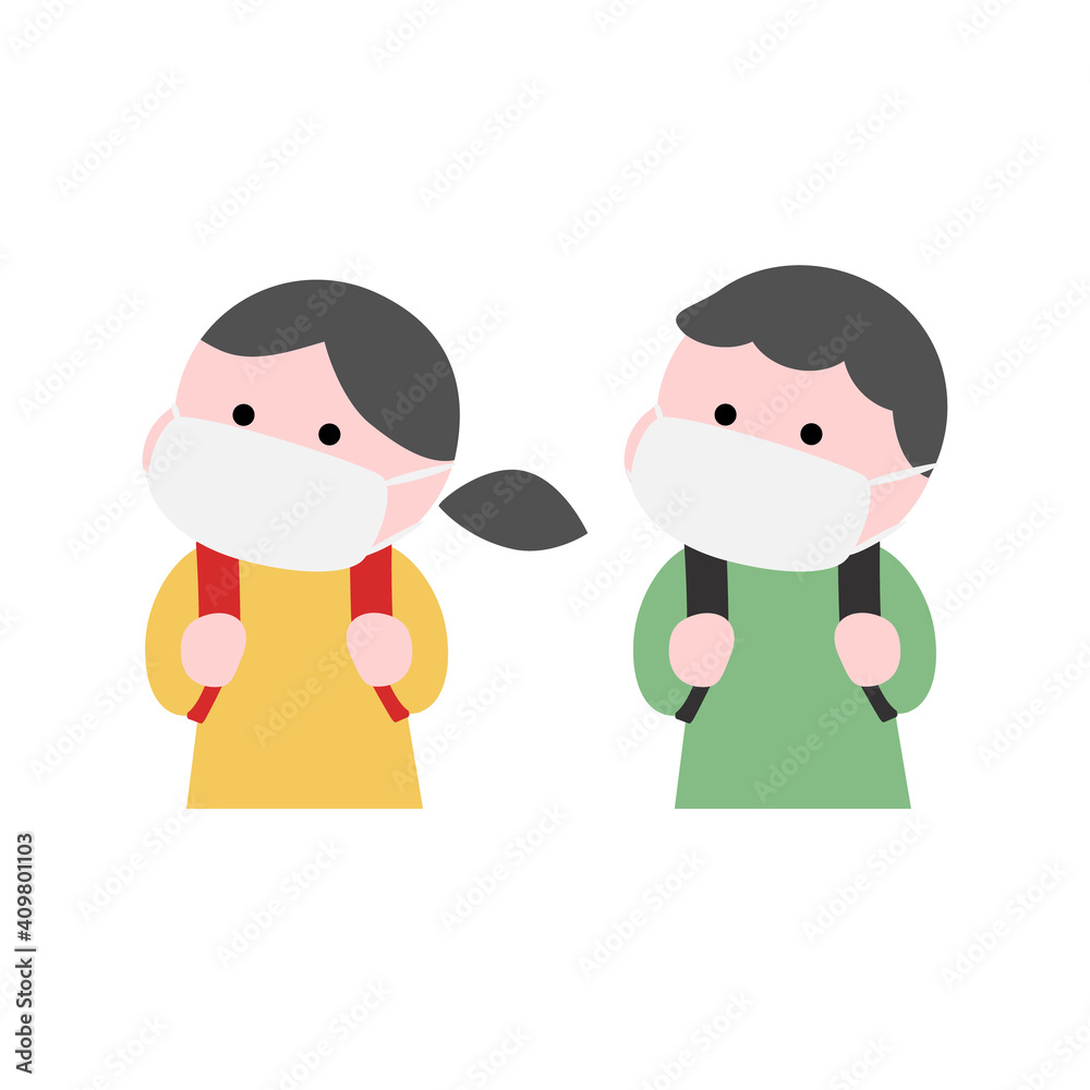 マスクをつけてランドセルを背負う子どもたちイラスト素材