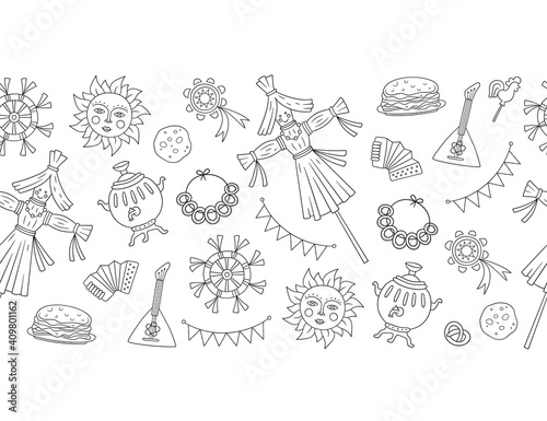 Maslenitsa background. Pancake week elements - pancake, samovar, candy, balalaika, sun, scarecrow of winter, sour cream, accordion. Shrovetide. Vector illustration on doodle style on white background