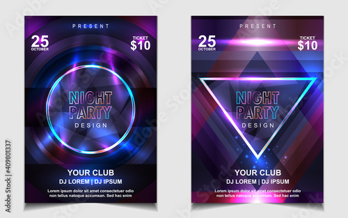 Night dance party music layout cover design template background with colorful dark blue glitters style. Light electro vector for music event concert disco, club invitation, festival poster, flyer