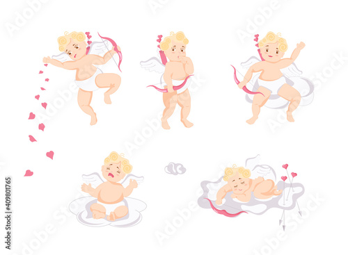 Cute cupid baby collection. Set of Characters hold a bow with arrows  sleep  crying or waving greet by his hand isolated on white background. Flat Art Vector illustration