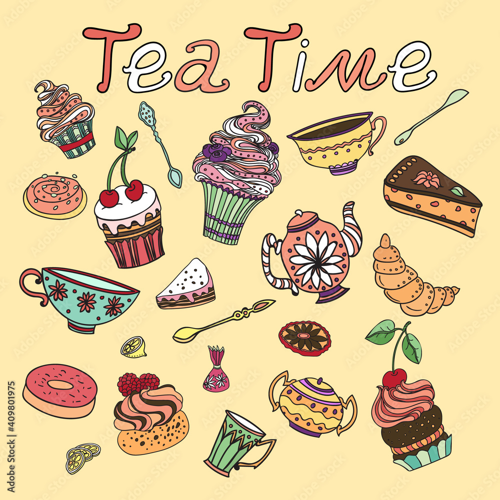 Tea time. Retro set with cups and sweet desserts, hand-drawn  illustration.