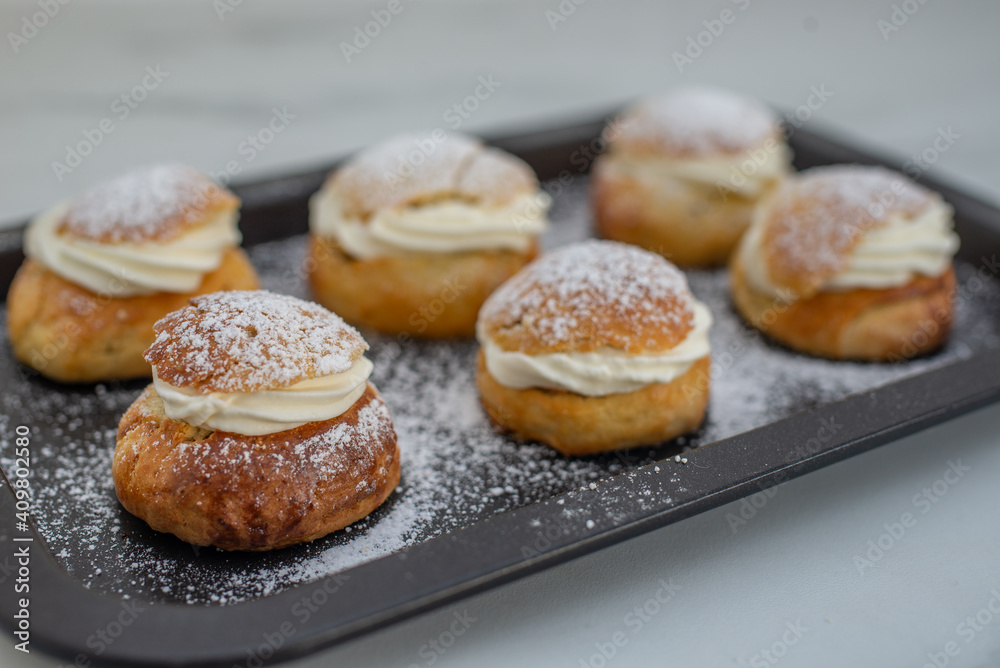 traditional home made swedish semlor pastry on a table