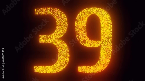 Thirty nine years happy birthday, anniversary, holiday, celebration fireworks, bloom, sparkles number animation. 3 fonts variations, 480 frames for each variant. 4K Ultra HD 3D render
 photo