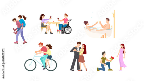 Set of Adult Couples fall in love, people in different love date situations. Characters isolated on white background. Flat Art Vector illustration