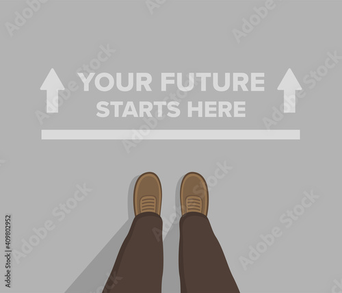 Male standing on the road with future starts here text top view. Motivation for the bright future. Flat vector illustration template.