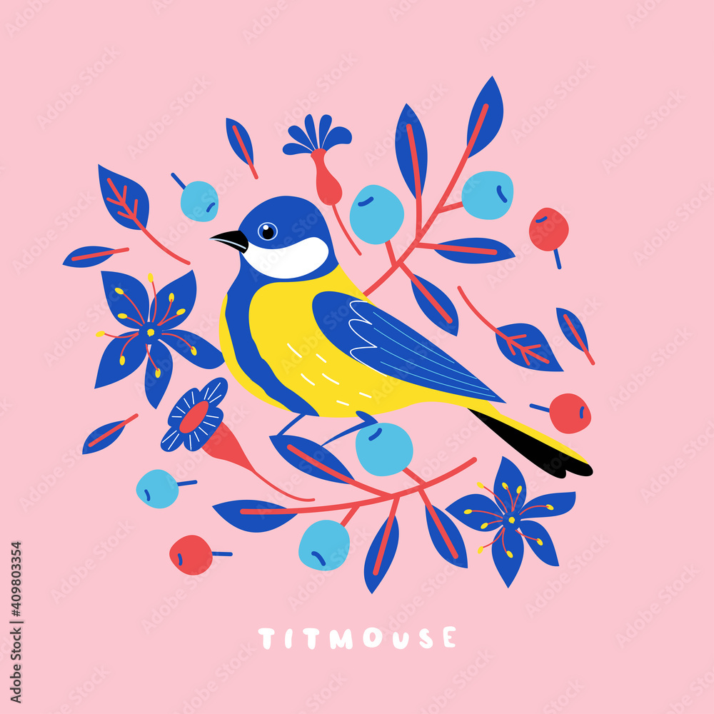Lovely birds, berries, flowers and branches. Vector illustration.