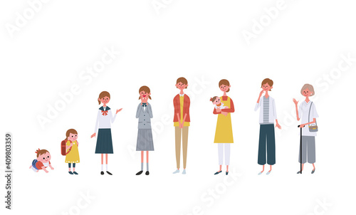 年齢別の女性　大人数の人々　イラスト　
