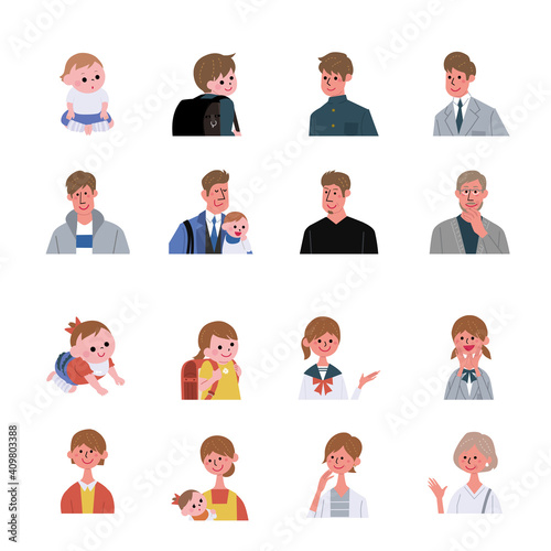 年齢別の男性と女性　大人数の人々　イラスト　
