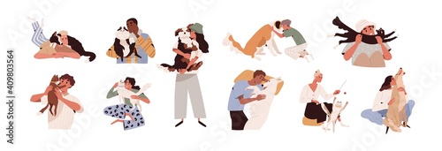 Set of happy pet owners with dogs and cats isolated on white background. Collection of people playing, hugging, cuddling with four-legged animal friends. Colored flat vector illustration