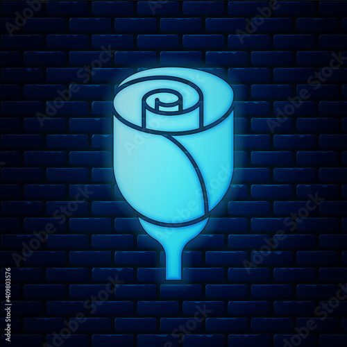 Glowing neon Flower rose icon isolated on brick wall background. Vector.