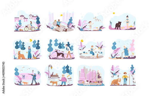 Set of dog owner with pets. People walking with different breeds of dogs. Flat Art Vector illustration