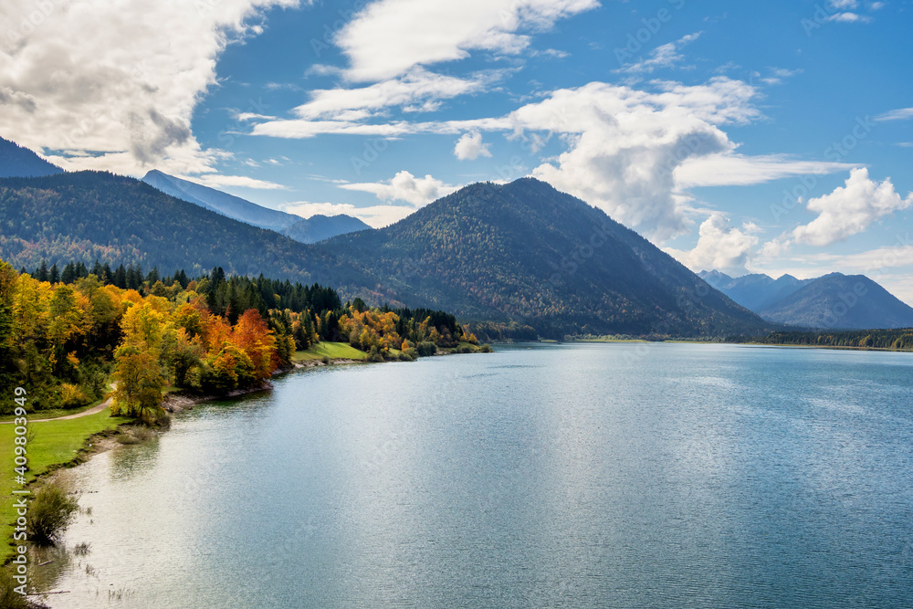 Sylvenstein reservoir lake in autumn, Bad Toelz, Bavaria, Germany, Europe