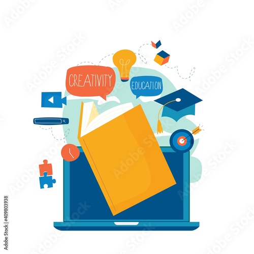 Education, distance education, internet studying, e-learning, remote learning flat vector illustration. Online classes, training courses, tutorials, home learning design for mobile and web graphics