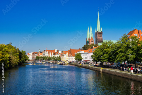 View of the Old Town pier architecture in Lubeck, Germany