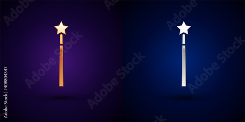 Gold and silver Magic wand icon isolated on black background. Star shape magic accessory. Magical power. Vector.