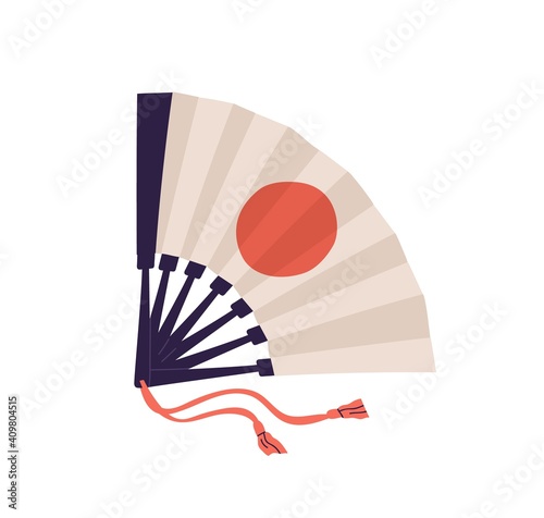 Japanese folding hand fan with symbol of Japan or red-colored disc of sun. Tr...