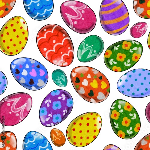 Hand Drawing Watercolor Colorful Easter Eggs Set. Seamless Pattern. Chocolate Egg. Orthodox Easter.
