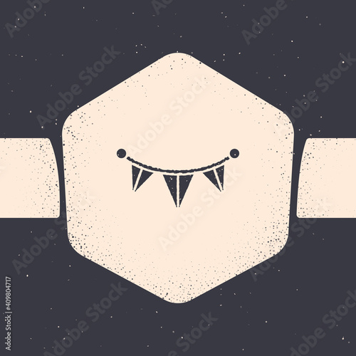 Grunge Carnival garland with flags icon isolated on grey background. Party pennants for birthday celebration, festival and fair decoration. Monochrome vintage drawing. Vector.