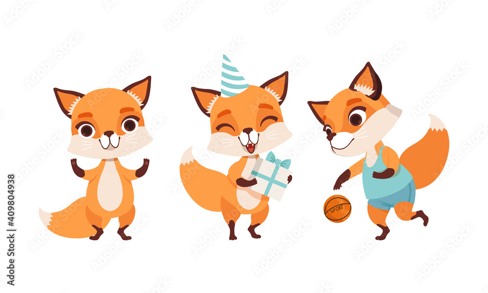 Fototapeta premium Adorable Little Fox in Various Actions Set, Lovely Baby Animal Cartoon Character Doing Sports and Celebrating Holidays Vector Illustration
