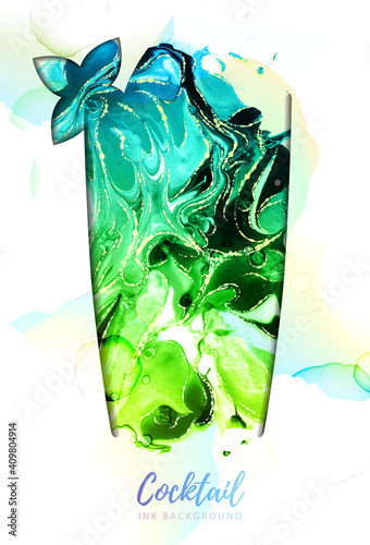 Artistic mojito cocktail silhouette with alcohol ink texture. Marble texture background