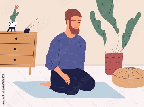 Man meditating and performing breath control exercises in kneeling position on mat. Peaceful relaxed guy practicing yoga and mindfulness meditation on floor at home. Colored flat vector illustration