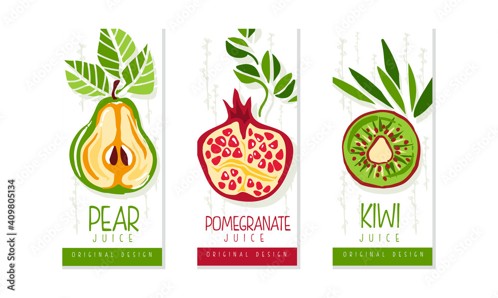 Fresh Fruit Juice Labels Set, Pear, Pomegranate, Kiwi Juice Emblems, Packaging Design Templates Cartoon Style Vector Illustration