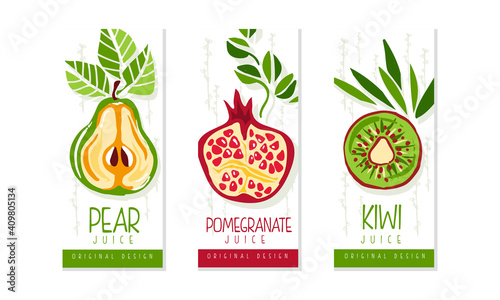 Fresh Fruit Juice Labels Set, Pear, Pomegranate, Kiwi Juice Emblems, Packaging Design Templates Cartoon Style Vector Illustration © topvectors